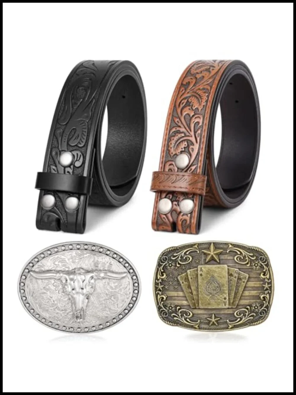Genuine Leather Cowboy Belt 2 Pack Western Belt Buckle Set for Men Women